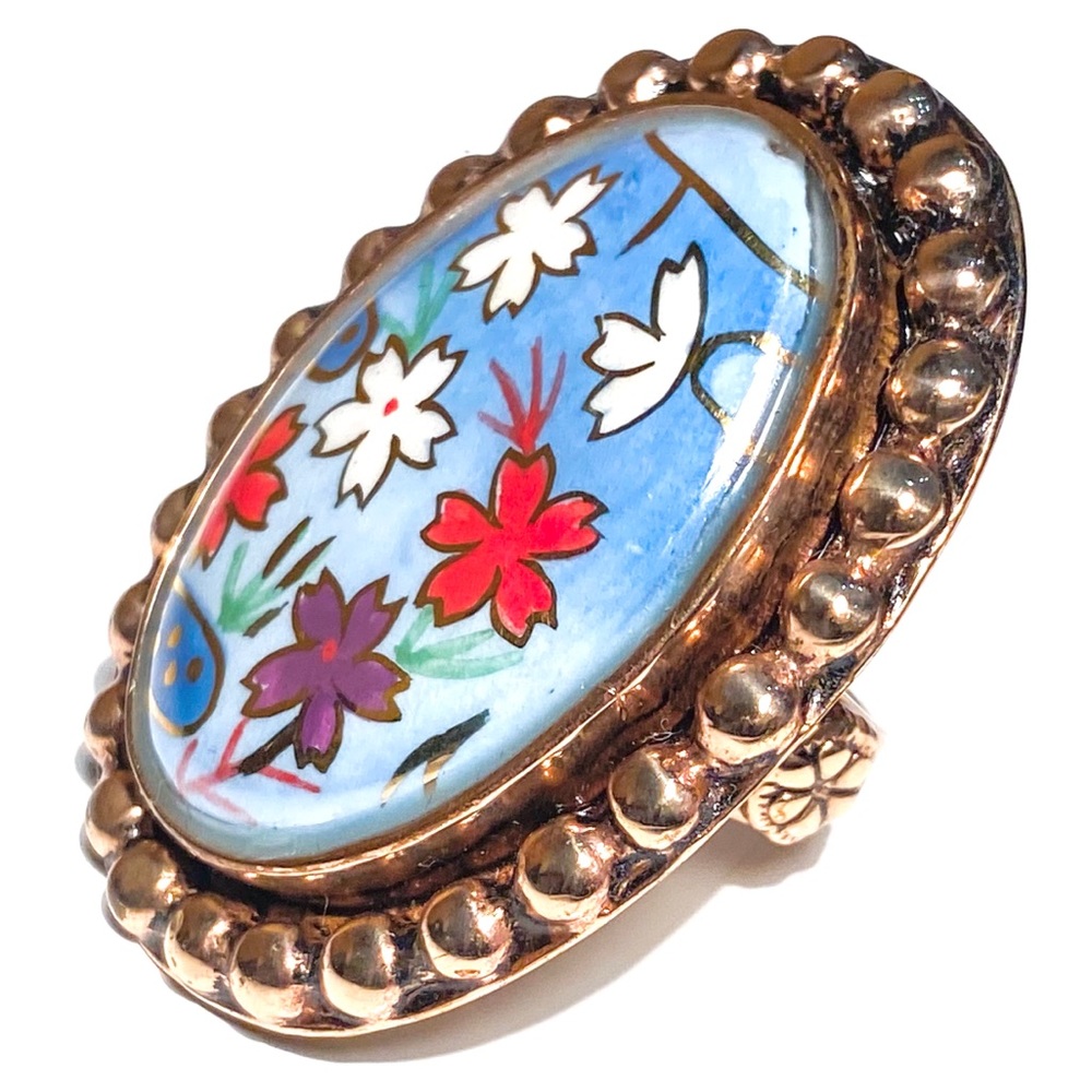 Amy Kahn Russell Bronze Ring with Hand-painted Oval Floral Center, Oversized